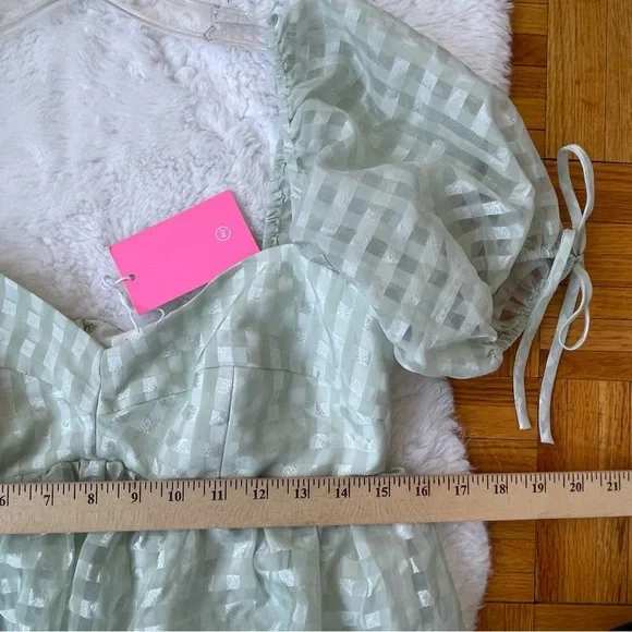 AMANDA UPRICHARD Mint Gingham Puff Sleeve Mini Dress - Size Large - Picture 9 of 9